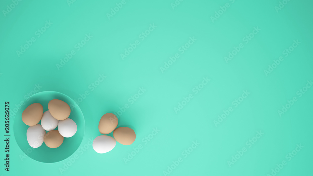 Chicken eggs into a turquoise cup on the table, turquoise background with copy space, breakfast easter food concept idea, top view Chicken eggs into a turquoise cup on the table, turquoise background with copy space, breakfast easter food concept idea, top view