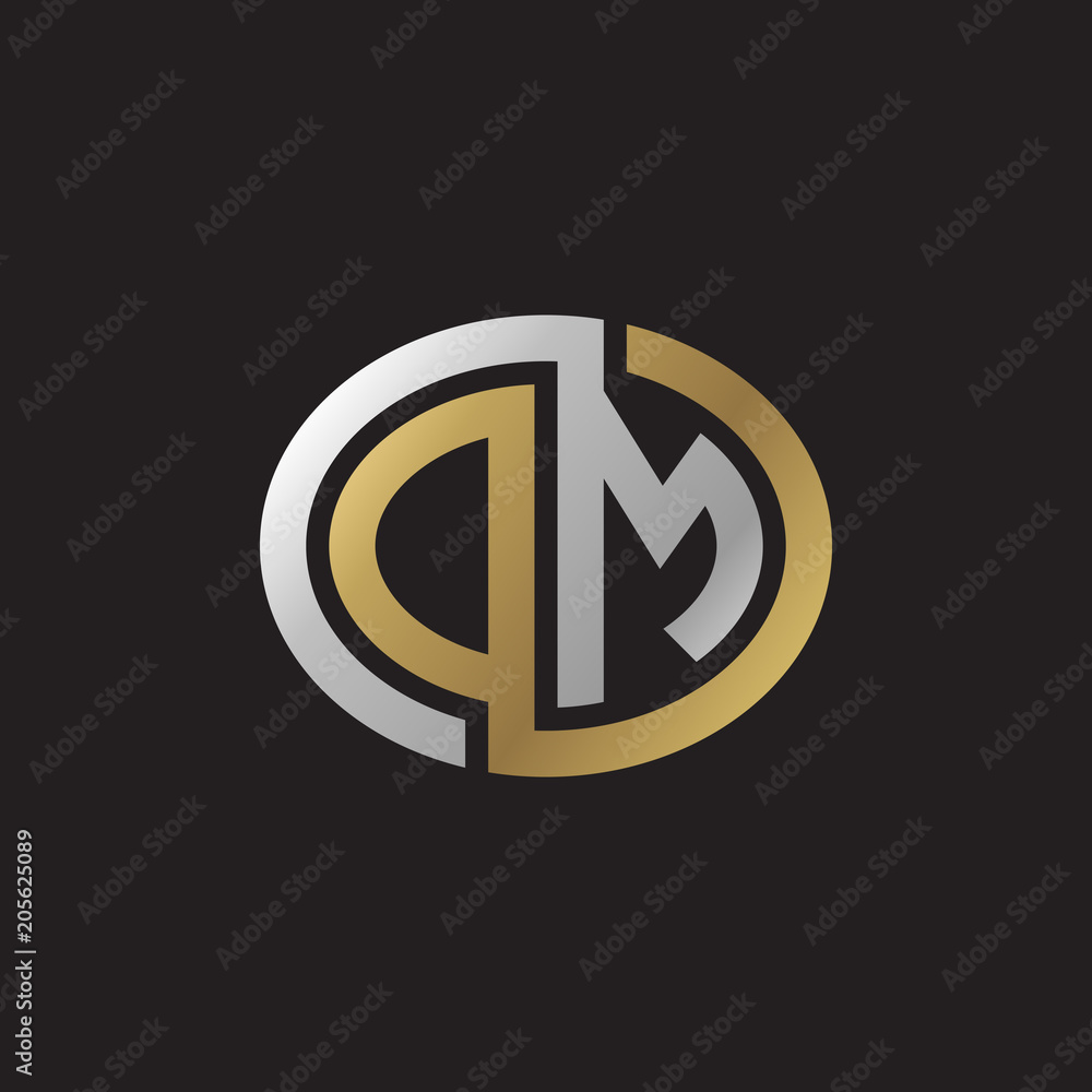 Initial letter DM, OM, looping line, ellipse shape logo, silver gold color on black background Initial letter DM, OM, looping line, ellipse shape logo, silver gold color on black background