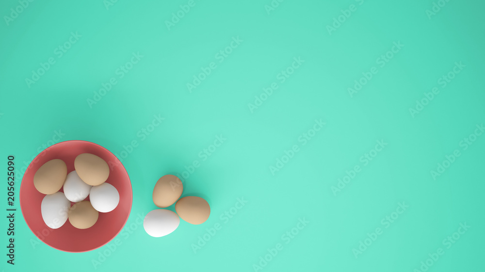 Chicken eggs into a pink cup on the table, turquoise background with copy space, breakfast easter food concept idea, top view