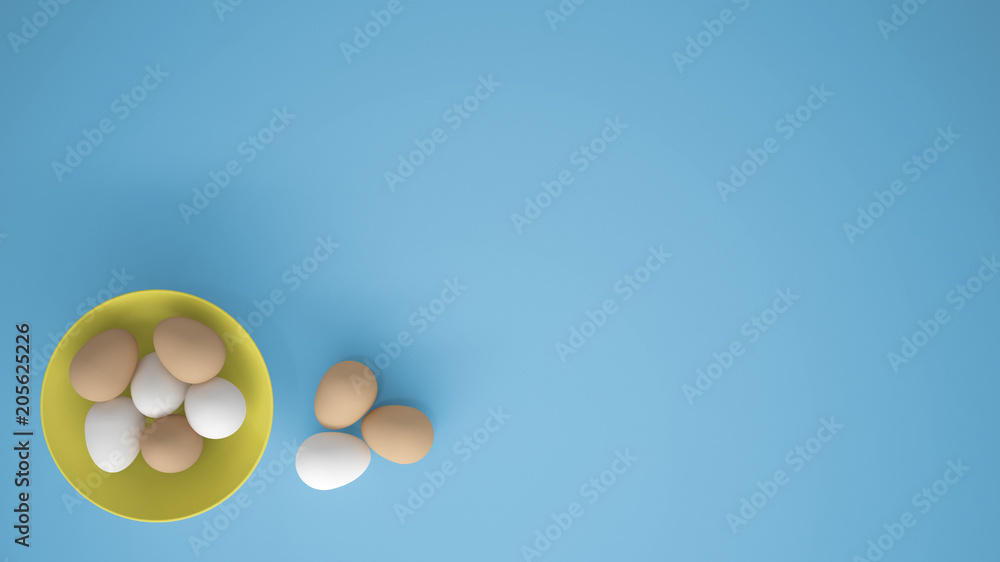 Chicken eggs into a yellow cup on the table, blue background with copy space, breakfast easter food concept idea, top view Chicken eggs into a yellow cup on the table, blue background with copy space, breakfast easter food concept idea, top view