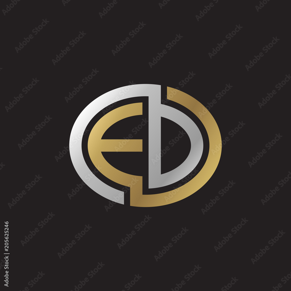 Initial letter ED, EO, looping line, ellipse shape logo, silver gold color on black background Initial letter ED, EO, looping line, ellipse shape logo, silver gold color on black background