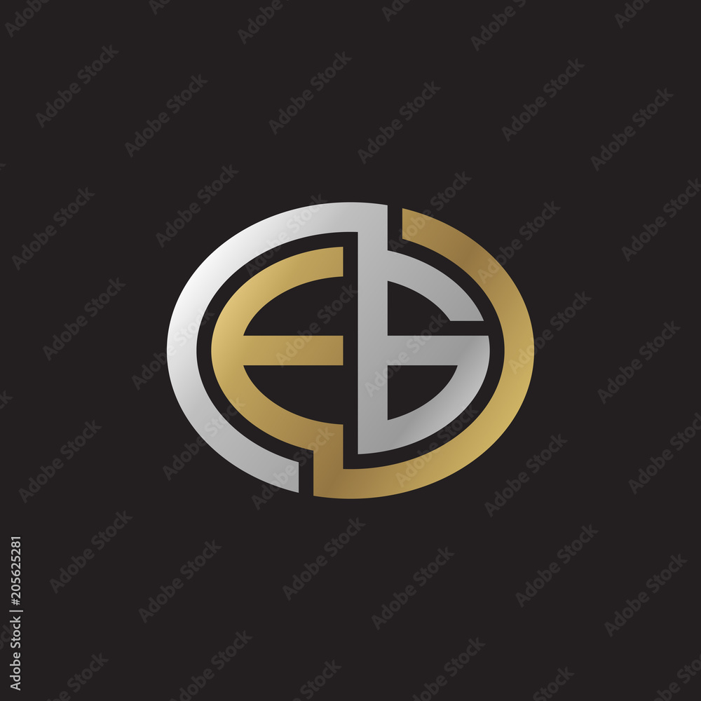 Initial letter EG, looping line, ellipse shape logo, silver gold color on black background Initial letter EG, looping line, ellipse shape logo, silver gold color on black background