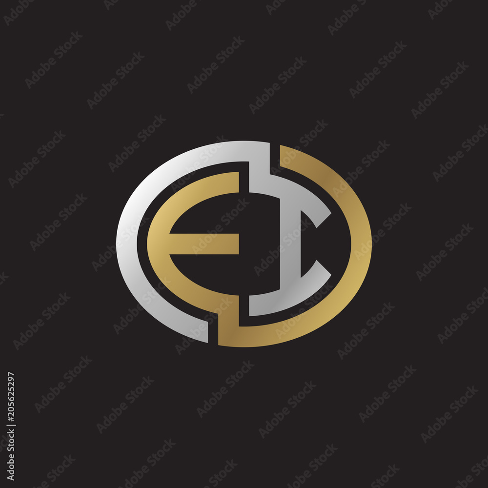 Initial letter EI, looping line, ellipse shape logo, silver gold color on black background Initial letter EI, looping line, ellipse shape logo, silver gold color on black background