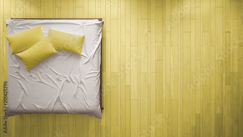 Fototapeta Naklejka Na Ścianę i Meble -  Contemporary wrinkled bedroom, scandinavian modern style with parquet floor, minimalistic yellow interior design, background, close-up, top view with copy space