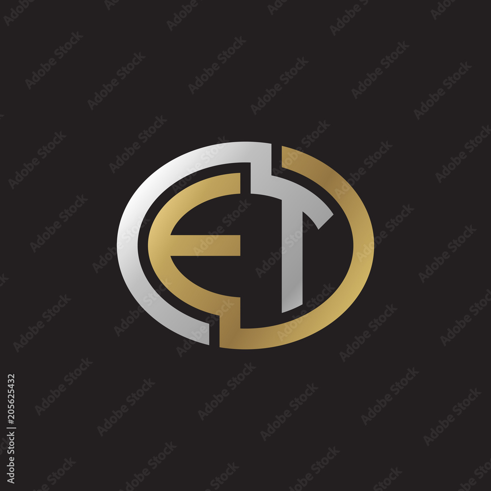 Initial letter ET, looping line, ellipse shape logo, silver gold color on black background Initial letter ET, looping line, ellipse shape logo, silver gold color on black background