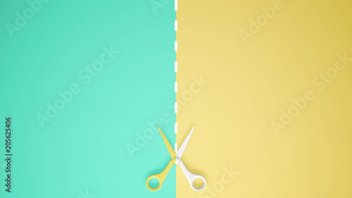 Scissors with cut lines on pastel turquoise and yellow colored background with copy space, template mockup concept idea