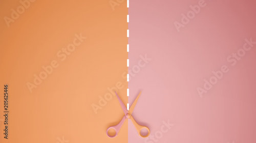 Scissors with cut lines on pastel orange and pink colored background with copy space, template mockup concept idea