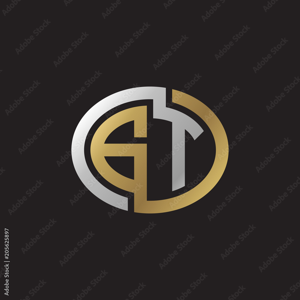 Initial letter GT, looping line, ellipse shape logo, silver gold color on black background Initial letter GT, looping line, ellipse shape logo, silver gold color on black background