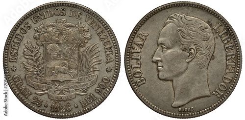 Fotografía Venezuela Venezuelan coin five peso 1926, arms in center, two horns of plenty on