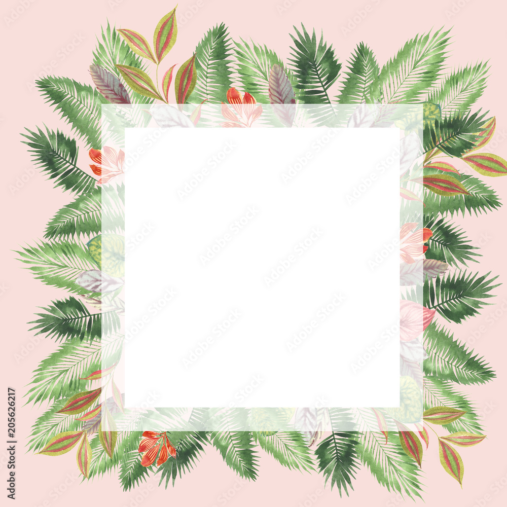 tropical watercolor background, natural leaves, paportnik, dense jungle, palm leaves, liana, traditional chant, callas, lianas, on white background