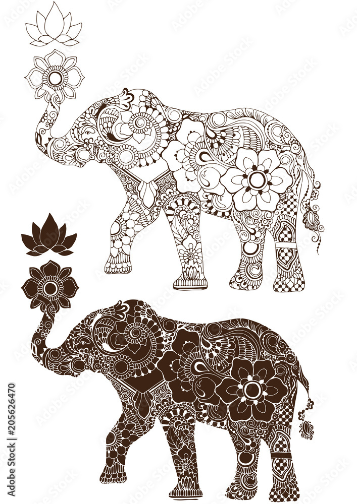 Fototapeta premium Elephant with lotus on a white background. Ornate decorated elephant with Indian ornament.