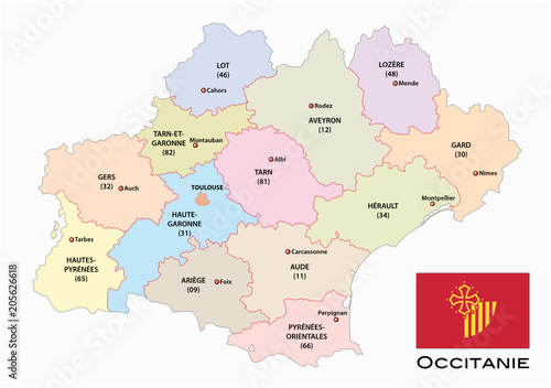 administrative and political vector map of the occitanie region with flag