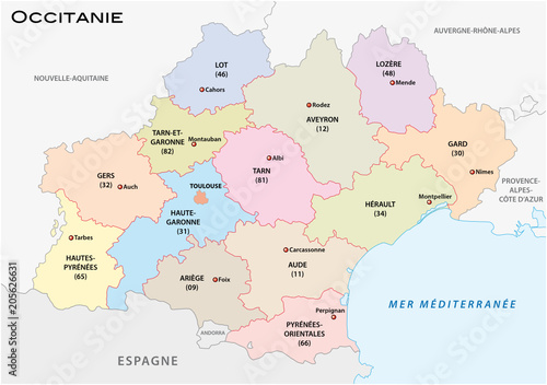 administrative and political vector map of the occitanie region photo