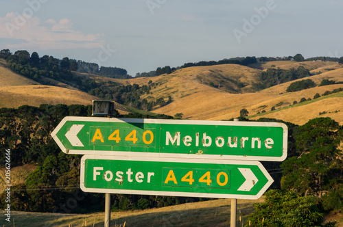 Road signs pointing towards Foster and Melbourne in South Gippsland.