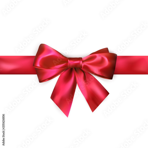 Red bow with red ribbon isolated on white background. Realistic silk bow. Decoration for gifts and packing red bow. Vector illustration