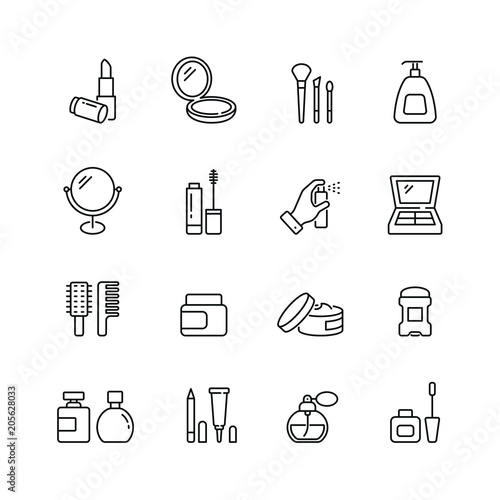 Cosmetics related icons: thin vector icon set, black and white kit