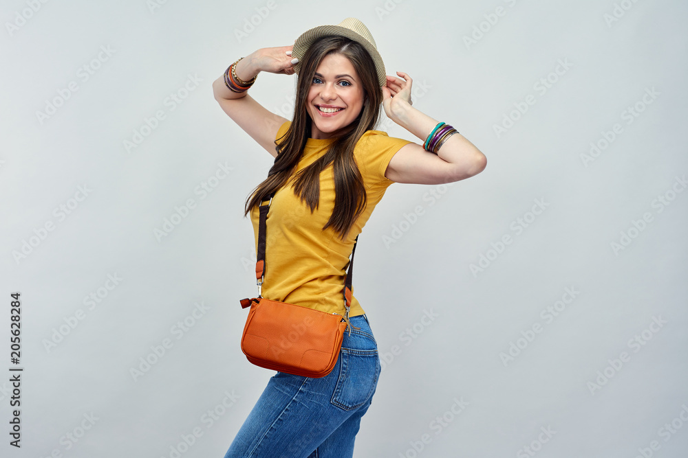 Fashion portrait casual style with woman rasing hands up. Fashion portrait casual style with woman rasing hands up.