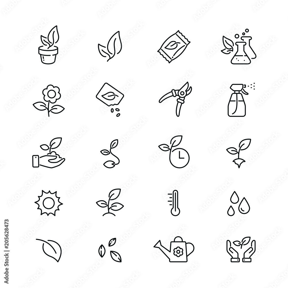 Plants related icons: thin vector icon set, black and white kit Plants related icons: thin vector icon set, black and white kit