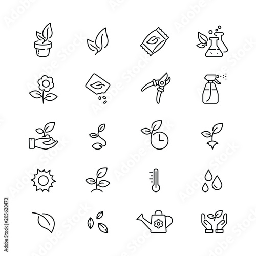 Plants related icons: thin vector icon set, black and white kit