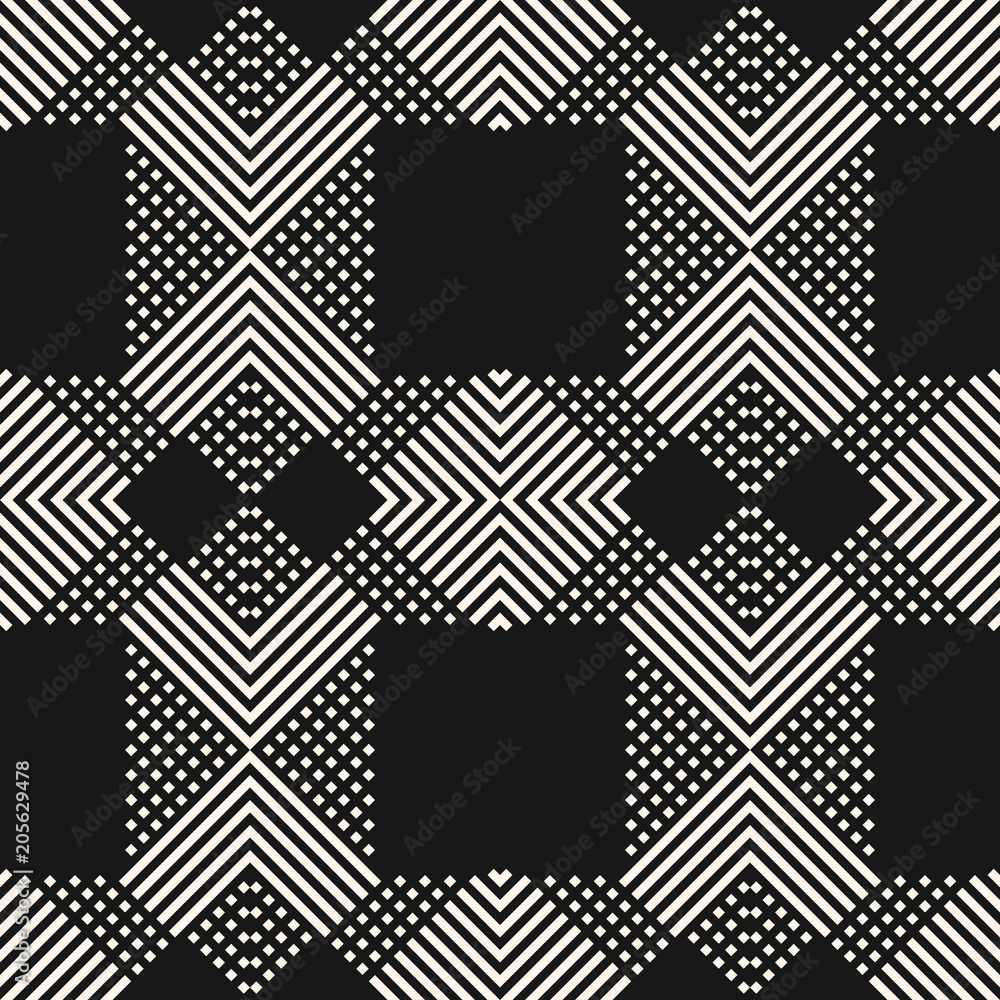Vector monochrome geometric seamless pattern with crossing diagonal lines, stripes, squares. Modern linear geometry texture. Abstract black and white background. Simple repeat design for decor, covers