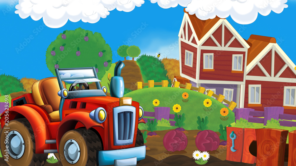 cartoon happy and sunny farm scene with tractor for different usage - illustration for children