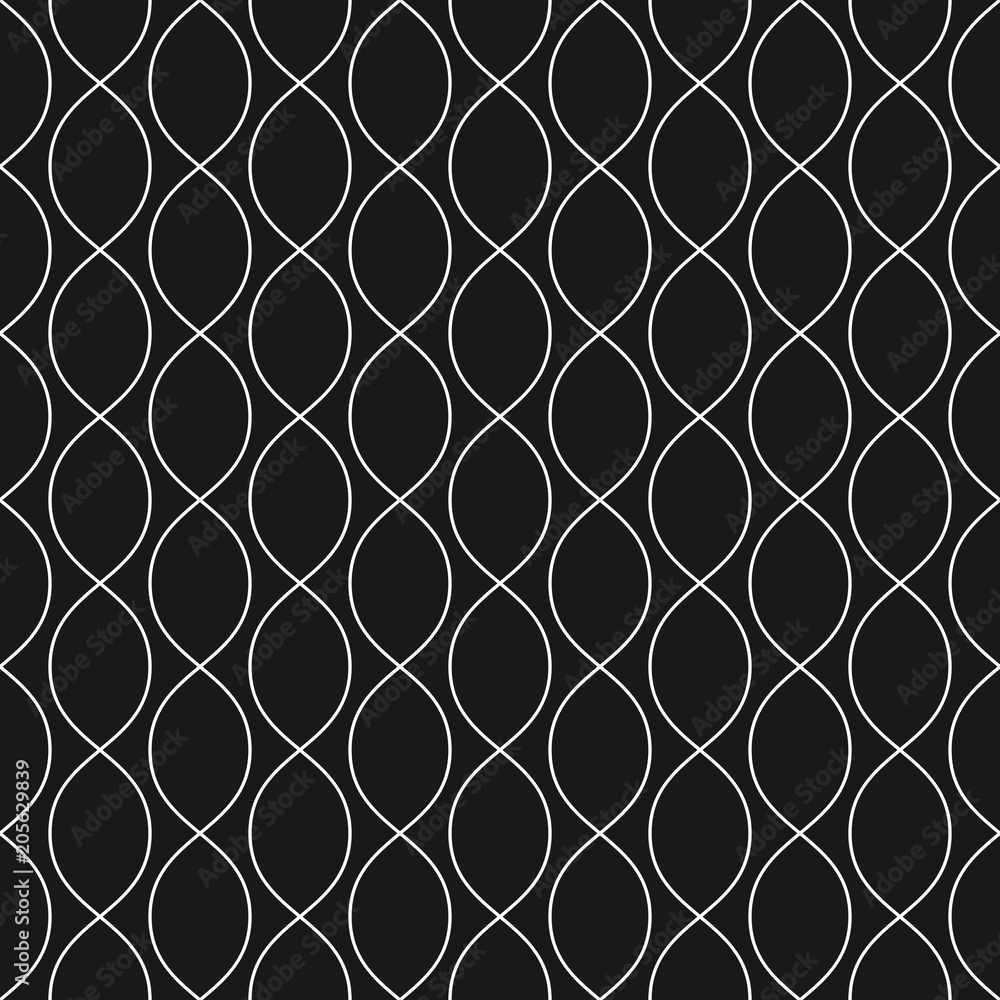 Fototapeta premium Subtle black & white vector background. Abstract geometric seamless pattern with thin curved lines, ovals, mesh, lattice. Dark monochrome texture. Delicate design for decoration, covers, digital, web