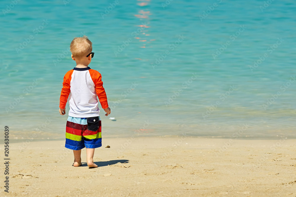 Two year old toddler boy walking on beach Two year old toddler boy walking on beach