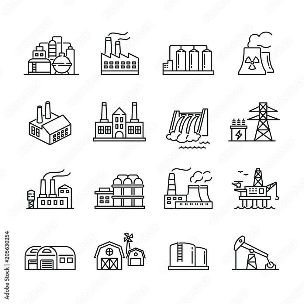 Industrial factory buildings icons: thin vector icon set, black and white kit - obrazy, fototapety, plakaty 