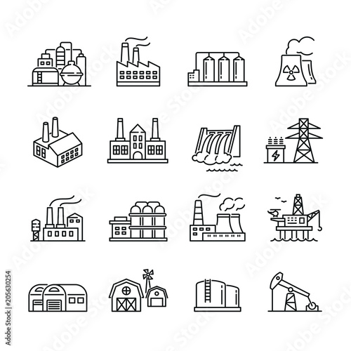 Fototapeta Industrial factory buildings icons: thin vector icon set, black and white kit