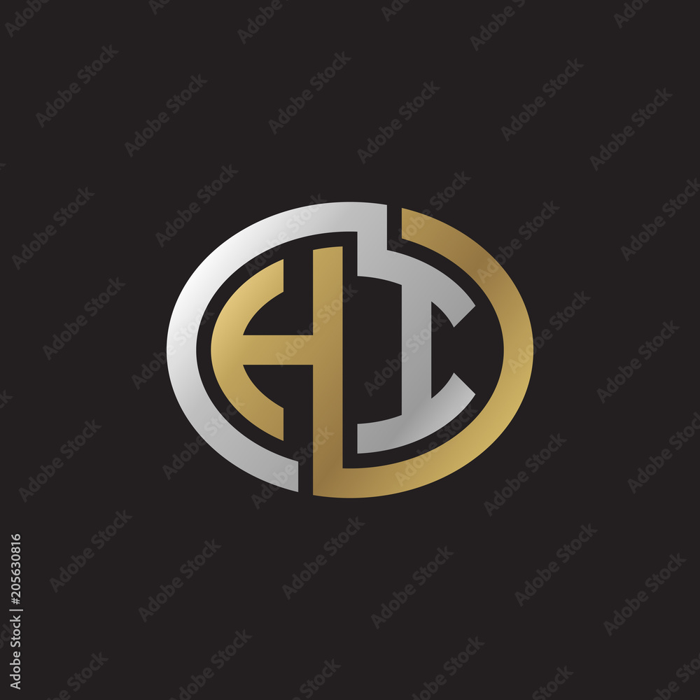 Initial letter HI, looping line, ellipse shape logo, silver gold color on black background Initial letter HI, looping line, ellipse shape logo, silver gold color on black background