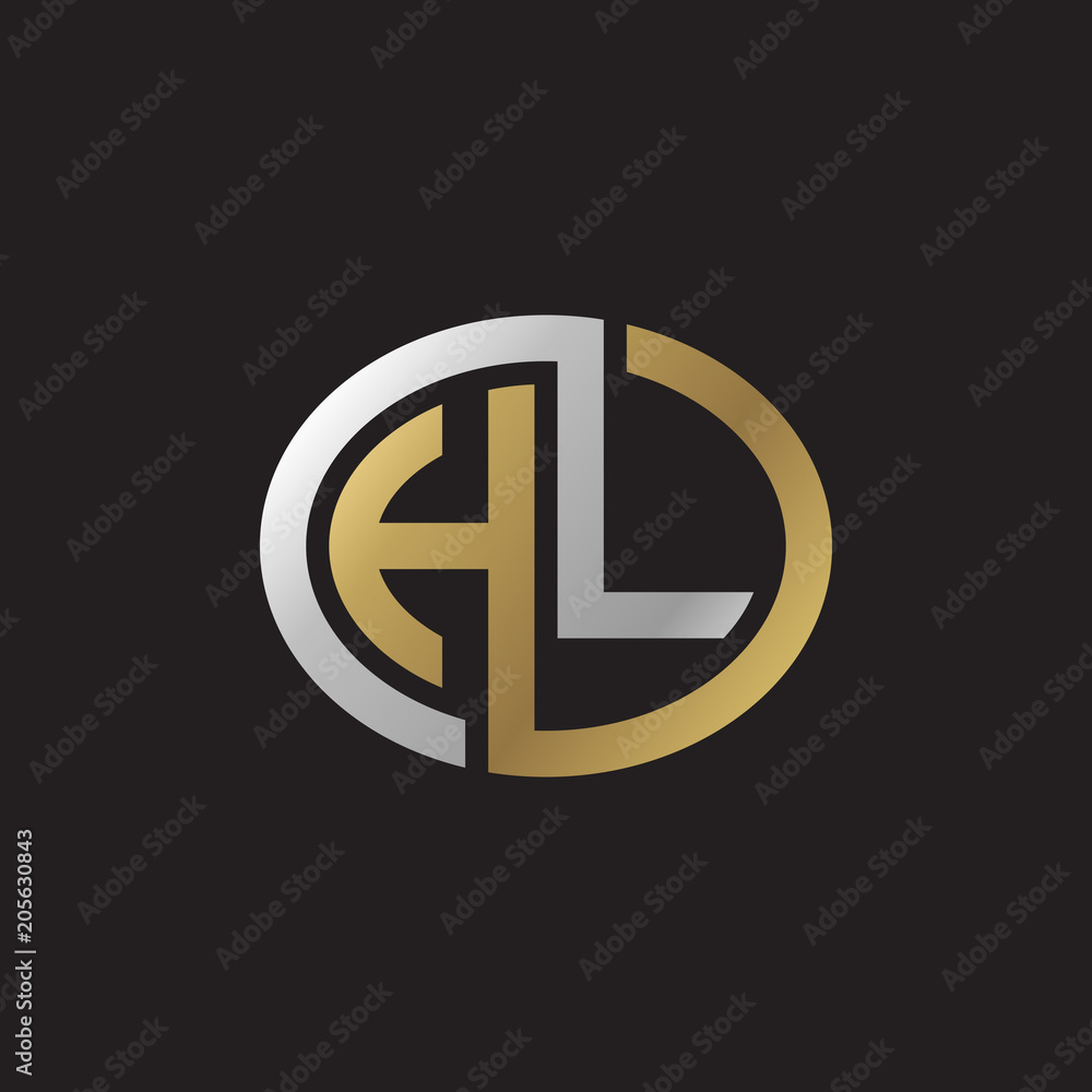 Initial letter HL, looping line, ellipse shape logo, silver gold color on black background Initial letter HL, looping line, ellipse shape logo, silver gold color on black background