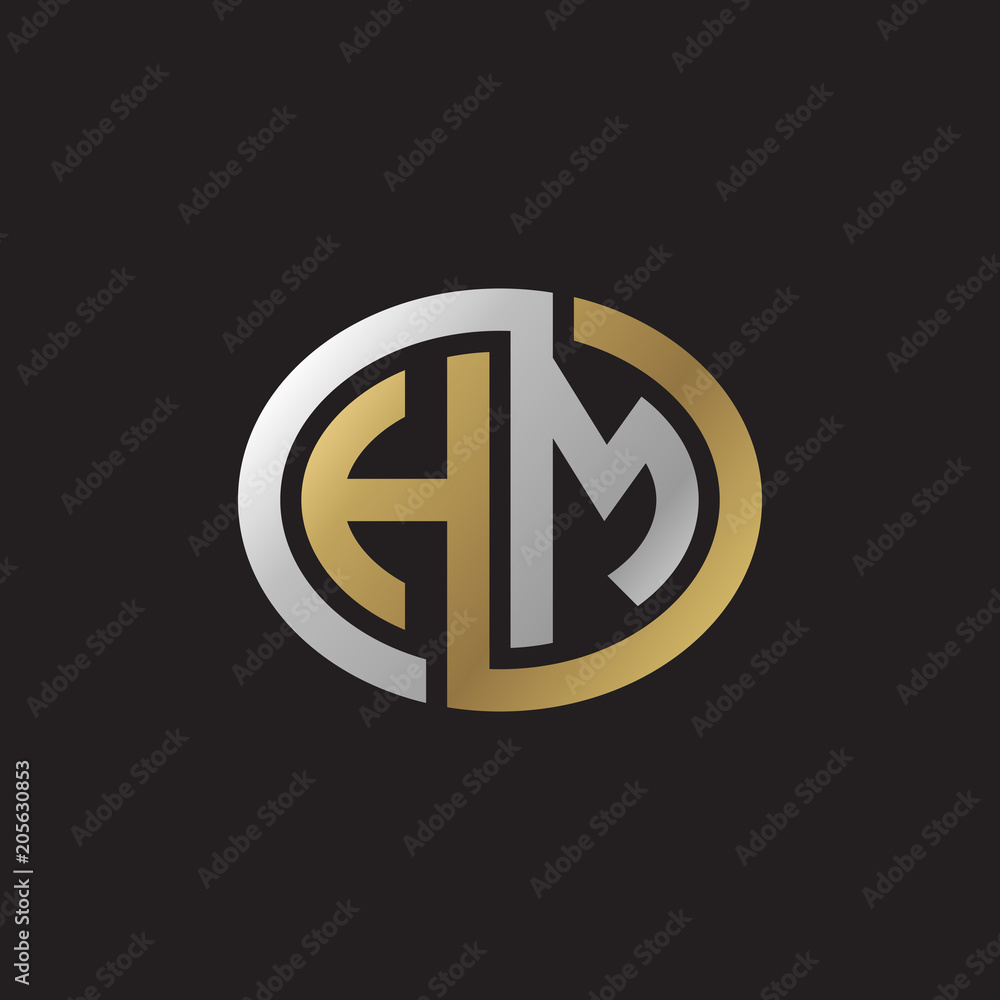 Initial letter HM, looping line, ellipse shape logo, silver gold color on black background Initial letter HM, looping line, ellipse shape logo, silver gold color on black background