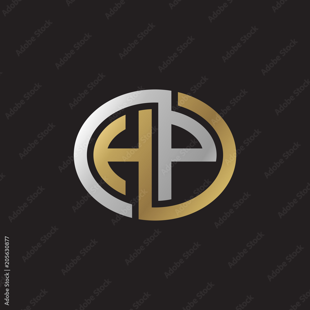 Initial letter HP, looping line, ellipse shape logo, silver gold color on black background Initial letter HP, looping line, ellipse shape logo, silver gold color on black background