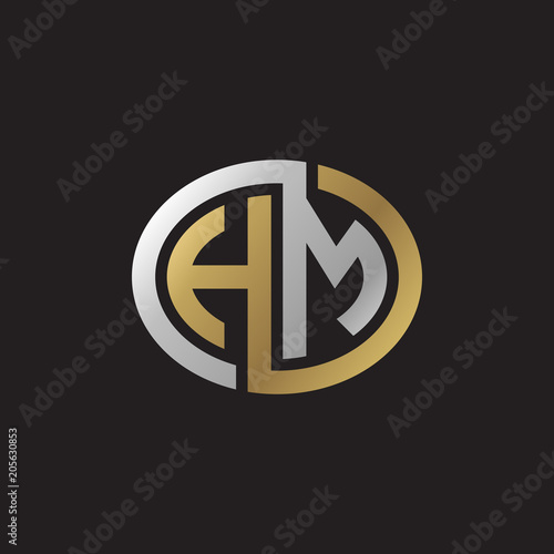 Initial letter HM, looping line, ellipse shape logo, silver gold color on black background