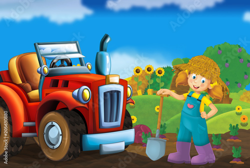 cartoon scene with tractor and farmer on a farm - vehicle for different tasks - illustration for children 
