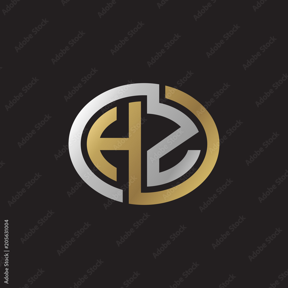 Initial letter HZ, looping line, ellipse shape logo, silver gold color on black background Initial letter HZ, looping line, ellipse shape logo, silver gold color on black background