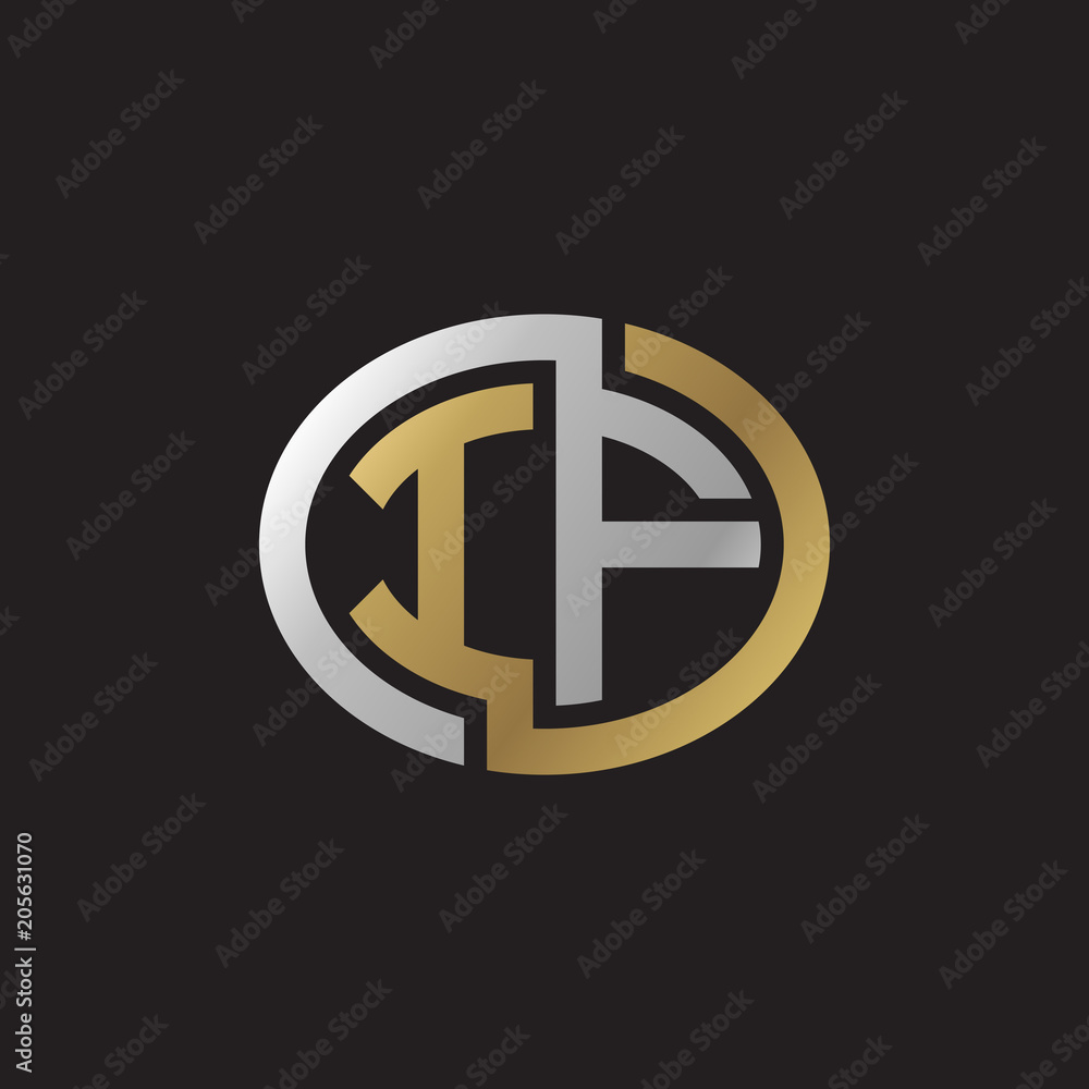 Initial letter IF, looping line, ellipse shape logo, silver gold color on black background Initial letter IF, looping line, ellipse shape logo, silver gold color on black background
