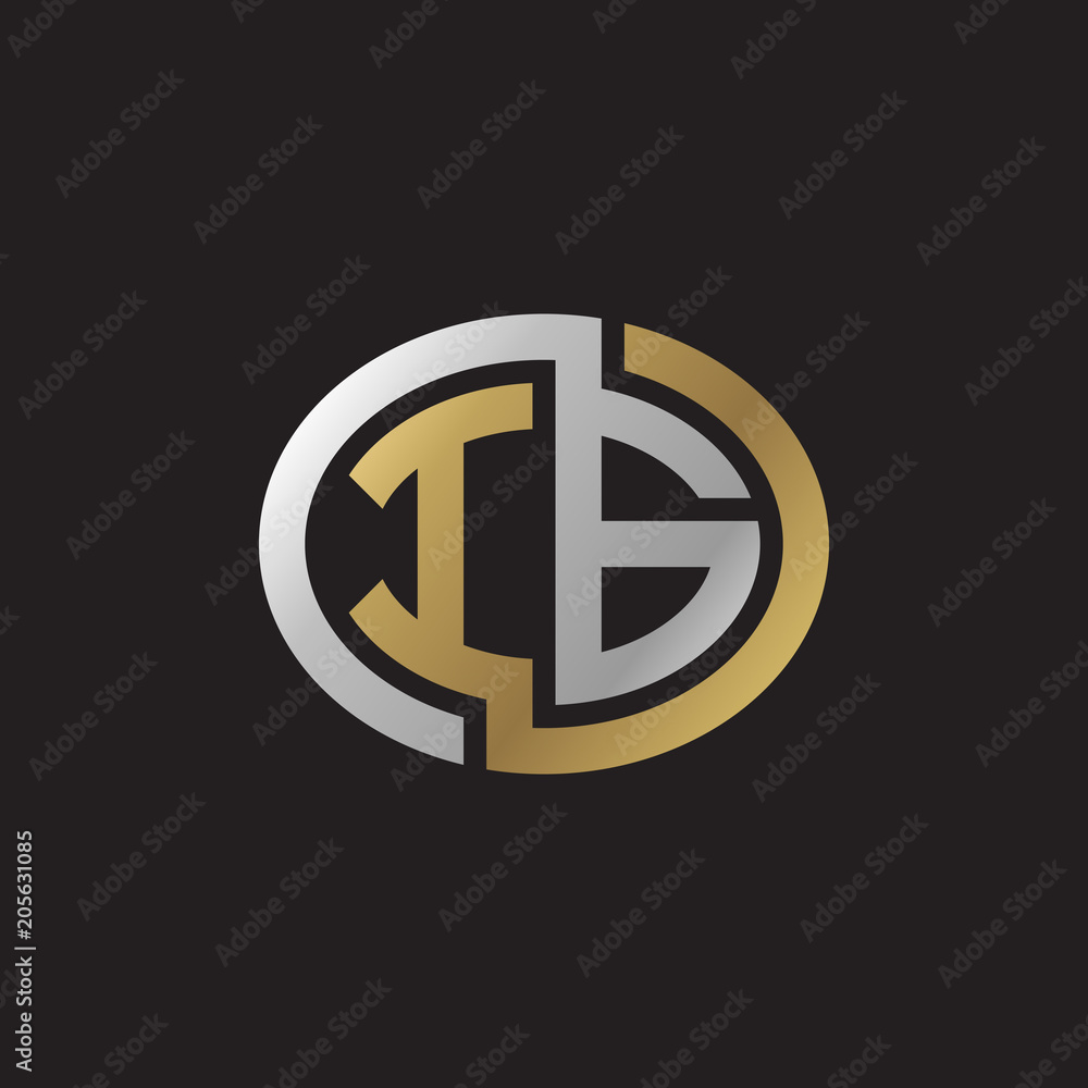 Initial letter IG, looping line, ellipse shape logo, silver gold color on black background Initial letter IG, looping line, ellipse shape logo, silver gold color on black background