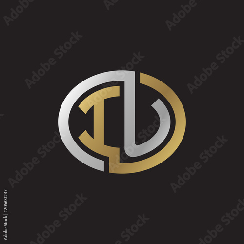 Initial letter IU, looping line, ellipse shape logo, silver gold color on black background