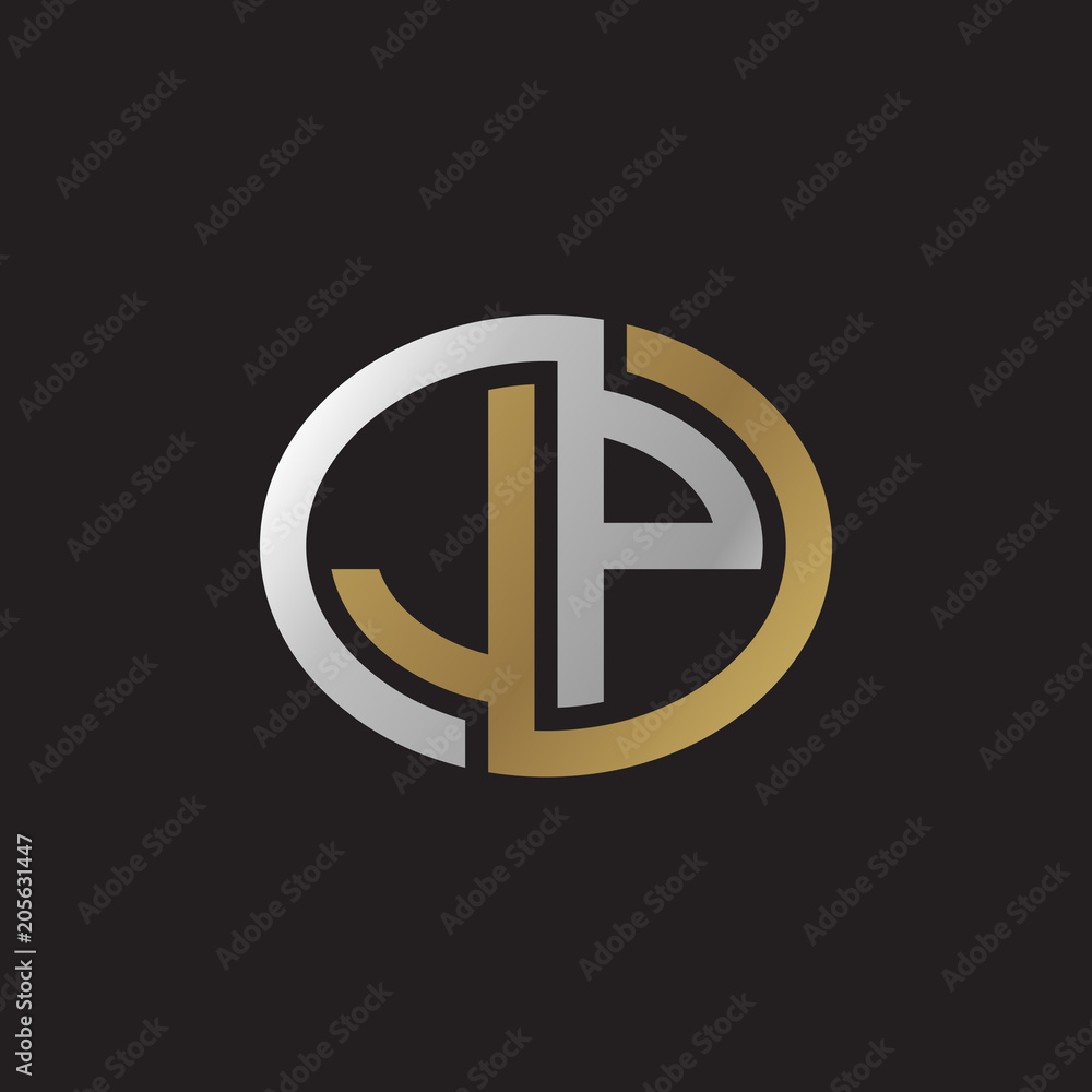 Initial letter JP, looping line, ellipse shape logo, silver gold color on black background Initial letter JP, looping line, ellipse shape logo, silver gold color on black background