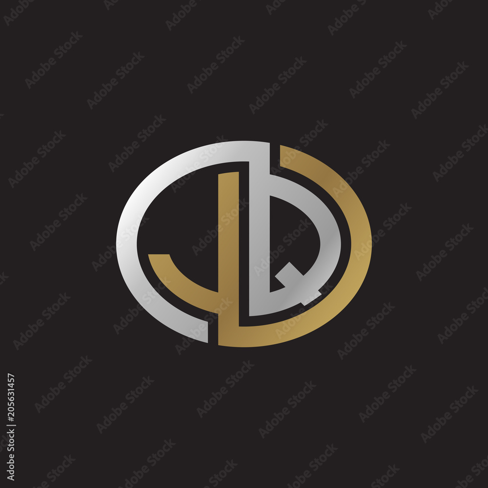 Initial letter JQ, looping line, ellipse shape logo, silver gold color on black background Initial letter JQ, looping line, ellipse shape logo, silver gold color on black background