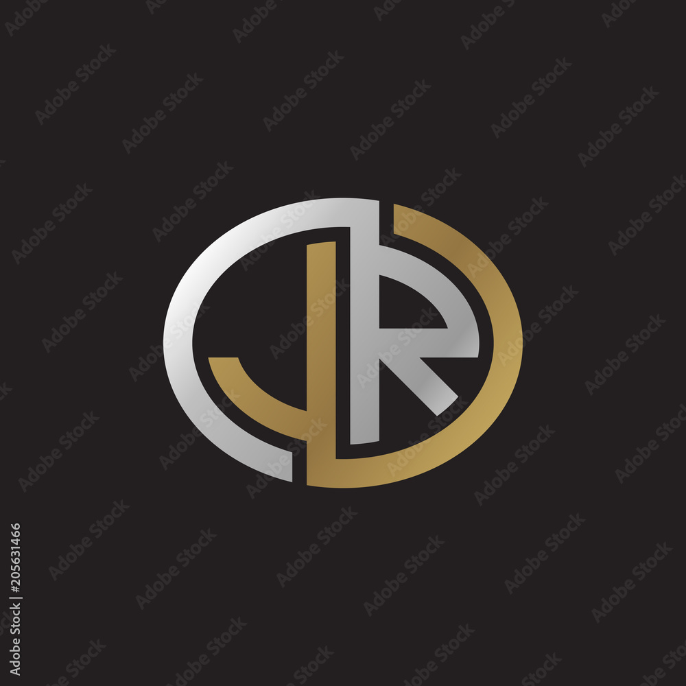 Initial letter JR, looping line, ellipse shape logo, silver gold color on black background Initial letter JR, looping line, ellipse shape logo, silver gold color on black background