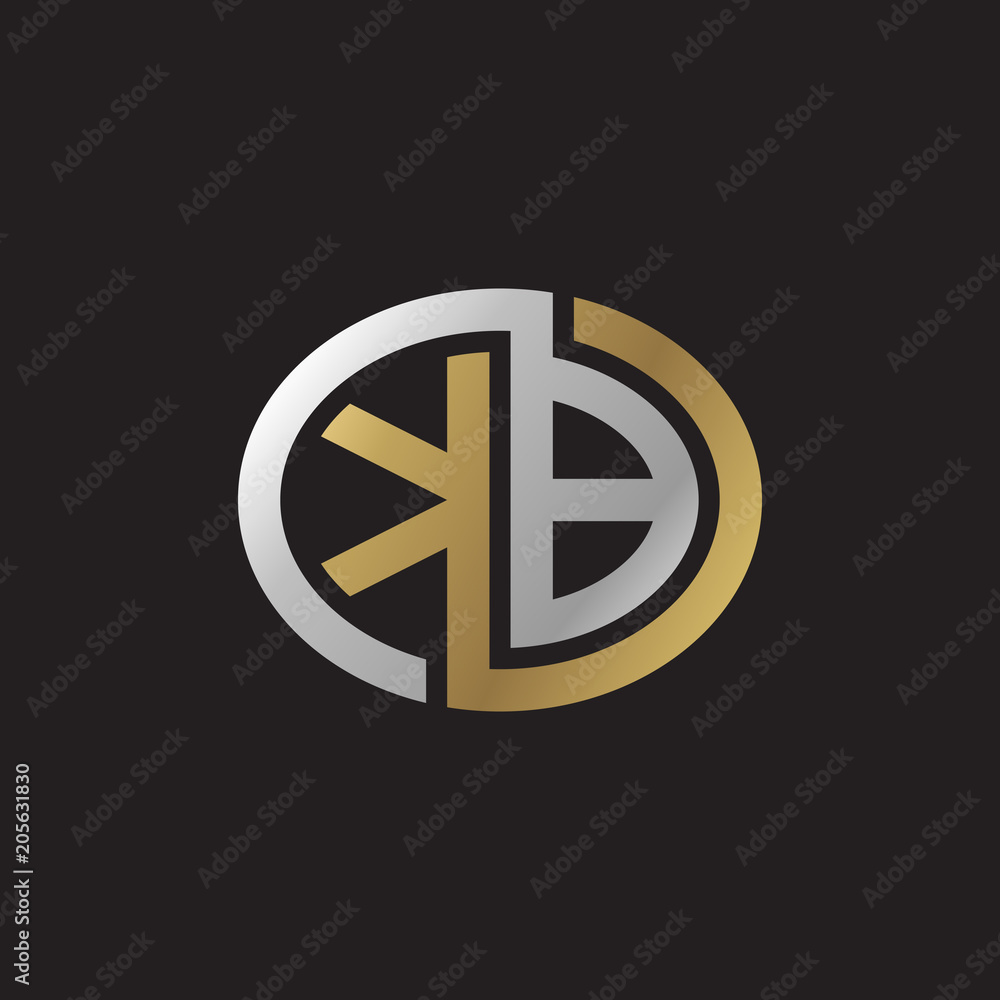 Initial letter KB, looping line, ellipse shape logo, silver gold color on black background Initial letter KB, looping line, ellipse shape logo, silver gold color on black background