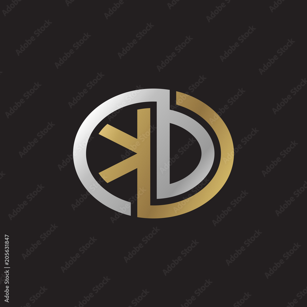 Initial letter KD, KO, looping line, ellipse shape logo, silver gold color on black background Initial letter KD, KO, looping line, ellipse shape logo, silver gold color on black background