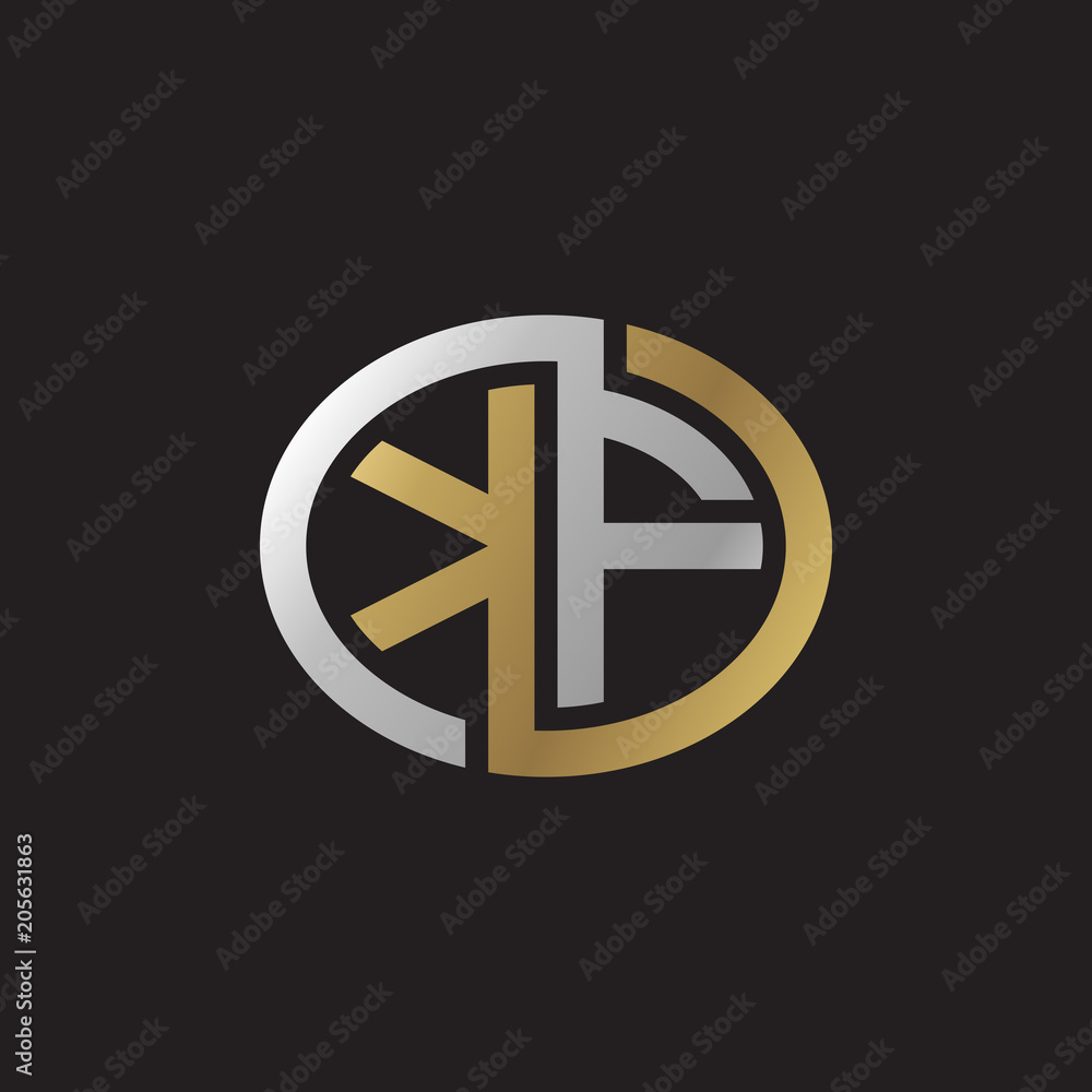 Initial letter KF, looping line, ellipse shape logo, silver gold color on black background Initial letter KF, looping line, ellipse shape logo, silver gold color on black background