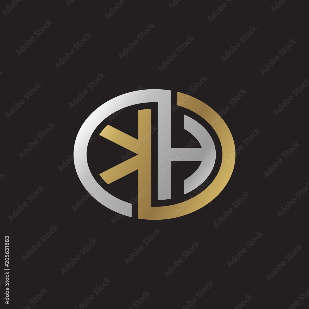 Initial letter KH, looping line, ellipse shape logo, silver gold color on black background Initial letter KH, looping line, ellipse shape logo, silver gold color on black background