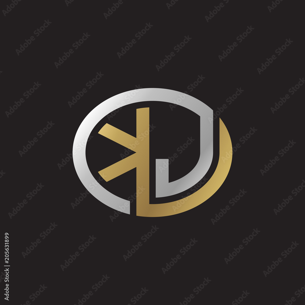 Initial letter KJ, looping line, ellipse shape logo, silver gold color on black background Initial letter KJ, looping line, ellipse shape logo, silver gold color on black background