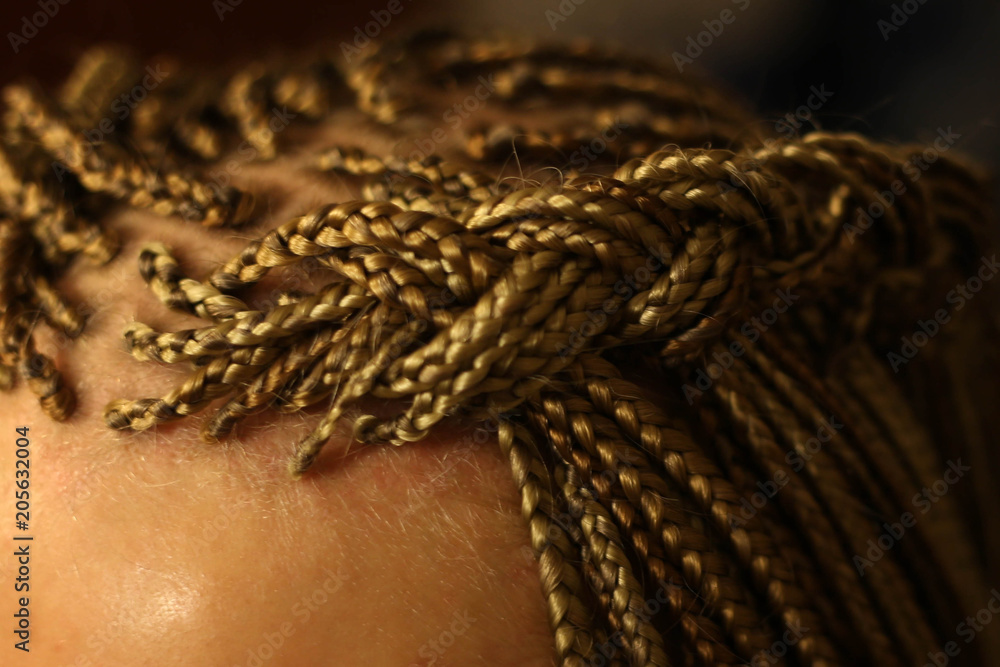 Fototapeta premium texture of thin African braids classic hairstyle African American, European hair, blond, girls with white skin, close-up hairstyle, pigtails in details