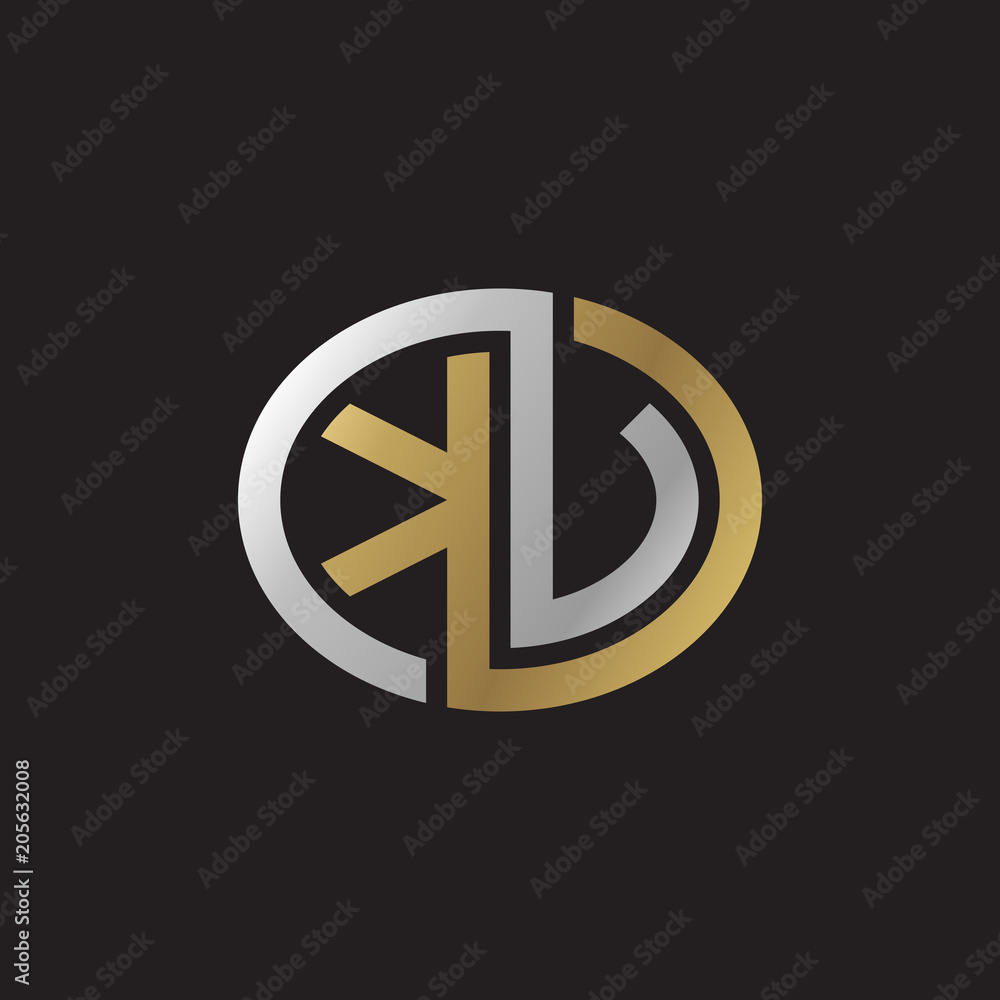 Initial letter KV, KU, looping line, ellipse shape logo, silver gold color on black background Initial letter KV, KU, looping line, ellipse shape logo, silver gold color on black background