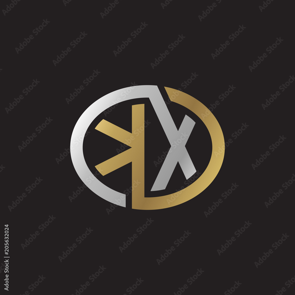 Initial letter KX, looping line, ellipse shape logo, silver gold color on black background Initial letter KX, looping line, ellipse shape logo, silver gold color on black background